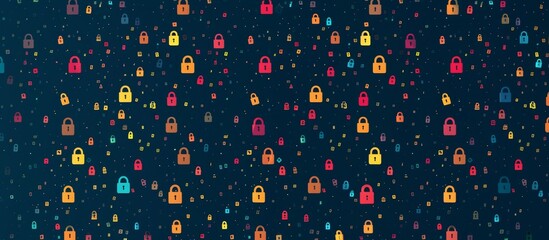 Wall Mural - A digital background with numerous tiny colorful padlocks in the center, symbolizing security and protection against cyber attacks or signal interruption Generative AI
