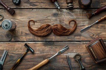 Poster - A collection of tools and a moustache on a wooden table, ideal for DIY or crafts projects
