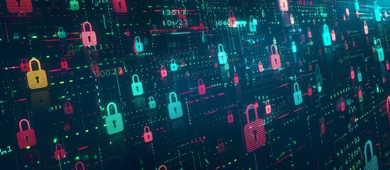 Wall Mural - A digital background with many small colorful padlocks in a coded pattern, symbolizing data security and cyber protection Generative AI