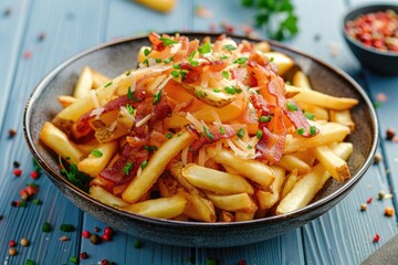 Poster - Delicious bowl of loaded french fries, perfect for food and snack concepts