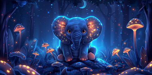 Wall Mural -   A painting of an elephant atop a rock, surrounded by a forest teeming with mushrooms