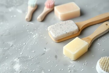 Sticker - Different types of toothbrushes displayed on a table, suitable for dental care concept