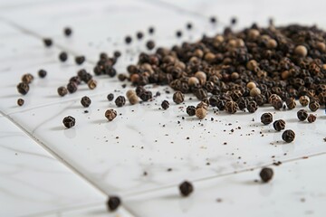 Poster - A pile of pepper seeds on a tile floor. Perfect for food or cooking concepts