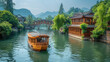 The wooden boat is driving on the river, with traditional Chinese architecture and green trees beside it. Created with Ai