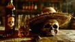A skull wearing a sombrero next to a glass. Ideal for Mexican themed designs