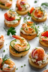 Poster - A table topped with crackers covered in shrimp and vegetables. Ideal for food and party concepts