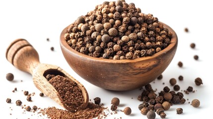 Aufkleber - Wooden bowl filled with pepper seeds, ideal for food or spice concept
