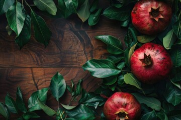 Wall Mural - Fresh pomegranates displayed on a rustic wooden table. Suitable for food and healthy eating concepts