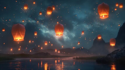 Wall Mural - Glowing sky lanterns over a lake with mountain reflections. Enchanting night scene concept for decoration, celebration, and tranquil theme design.