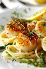 Poster - Delicious plate of pasta with scallops and asparagus, perfect for food blogs or restaurant menus