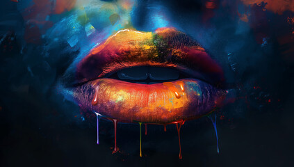 juicy female lips covered with rainbow colored lipstick, wet paint, makeup. 3d ilustration, lips rai