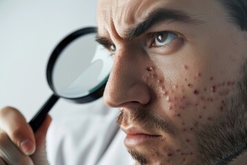 Poster - Close-up of a man examining something with a magnifying glass. Suitable for scientific or detective themes
