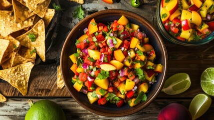 Wall Mural - An aerial perspective of a delightful batch of homemade peach and pepper salsa perfectly accompanied by crispy tortilla chips