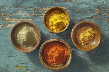 Aufkleber - Wooden bowls filled with different types of spices. Perfect for food and cooking concepts