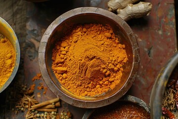 Poster - Table with various spice-filled bowls, perfect for culinary concepts