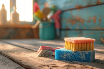 Leinwandbilder - Two brushes of different colors on a wooden table. Suitable for art and creativity concepts