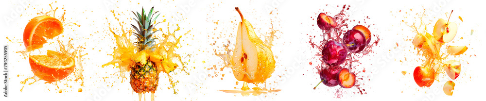 Exploding Pear Fruit explosion, slices and splashes of fruit fly in different ...