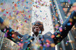 © Emanuel - A jubilant businessperson scattering confetti in celebration amidst the bustling streets of a financial district