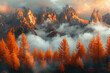A breathtaking autumn mountain landscape, with vibrant orange and red larch trees blanketed in fog against the backdrop of towering snowcapped peaks. Created with Ai