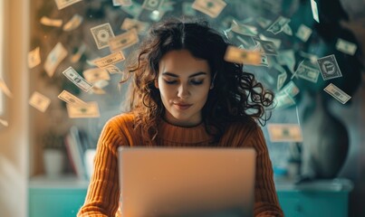 A woman is sitting at her laptop with money flying around