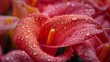   A tight shot of a pink bloom dotted with water droplets, a yellow stamen at its heart