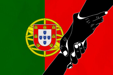 Helping hand against the Portugal flag. The concept of support. Two hands taking each other. A helping hand for those injured in the fighting, lend a hand