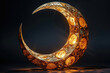  3d rendering of golden crescent moon with intricate patterns on it. Created with Ai