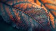  A tight shot of a leaf's verdant green and orange hues, overlaid with a softly blurred depiction of its upper portion