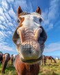   A tight shot of a horse's head against a backdrop of other horses in a lush pasture