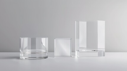 Elegant display of clear glass objects on a reflective surface for product presentation