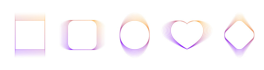 Sticker - Set of gradient purple and yellow abstract frames on a transparent background. Blended lines effect. Geometric shapes: square, circle, heart, rhombus	
