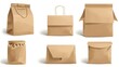 Eco-friendly collection of brown paper packaging isolated on white background: shopping bags, take-out containers and more