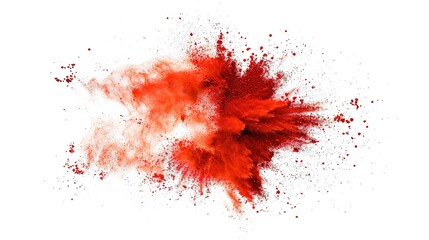 Dynamic explosion of red powder isolated on a stark white background capturing movement and energy