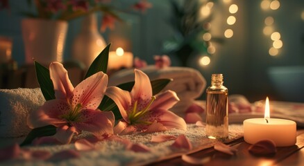 Canvas Print -   A candle atop a table, near a vase with lilies and a perfume bottle