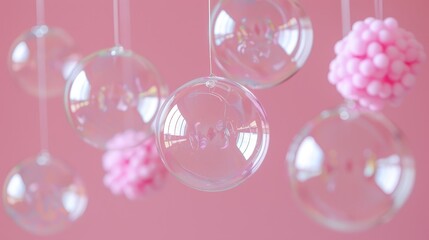 Poster -   A pink wall adorned with a cluster of glass balls The balls suspend evenly, each one reflecting light A single pink flower sits amongst them in the center, contrasting against