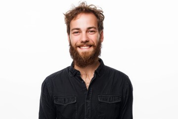 Wall Mural -   A person in a black shirt, bearded with a smiling face against a white backdrop