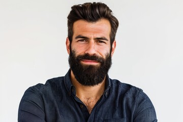 Wall Mural -   A bearded man in a blue shirt gazes intently at the camera