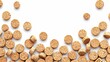   A collection of wine corks aligned on a white backdrop, spaced evenly by white intervals