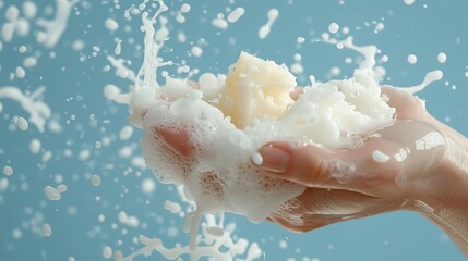 Poster -   A hand, submerged up to the wrist, holds a frothy beverage against a backdrop of a tranquil blue lake Water droplets cascade and splash