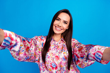 Poster - Photo of excited good mood lady dressed print blouse smiling tacking selfie isolated blue color background