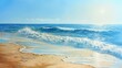   A painting of a beach scene with an incoming wave at the shore and the sun illuminating the water behind it