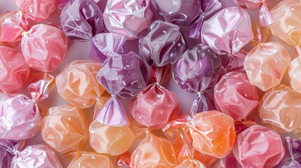 Sticker -   A stack of candies, hued pink, orange, and purple, individually wrapped in cellophane