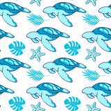 Fototapeta Pokój dzieciecy - seamless pattern with blue turtle, stars, sea animals, vector illustration. for design, fabric, print, wallpaper, background,