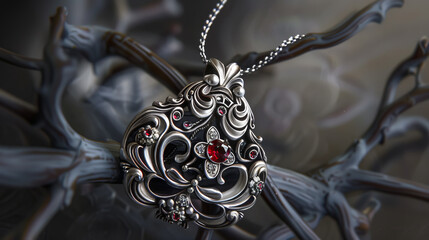 Wall Mural - A silver and red necklace with a flower design