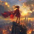 A young girl stands atop a cliff, her red cape billowing in the wind, embodying the spirit of a child superhero.