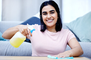 Wall Mural - Woman, smile and cleaning house in portrait with spray bottle, rag and disinfectant for hygiene. Fluid, soap and cloth for table in home with antibacterial for bacteria with pride for happiness