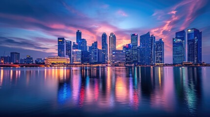 Wall Mural - An evening cityscape with dramatic clouds, illuminated skyscrapers, reflecting lights on water, showcasing urban beauty and architecture. Resplendent.