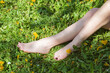 female feet barefoot on green grass with yellow flowers
