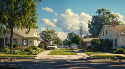 Sticker - A suburban street with two houses and a car parked in front of one of them