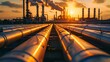 Industrial sunset with shining pipelines. Oil refinery at dusk. Energy production theme. Modern facility landscape. AI